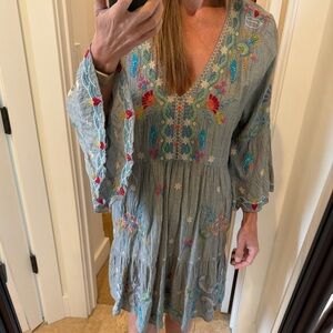 Johnny Was Gray Long Sleeve Dress with Colorful Embroidery